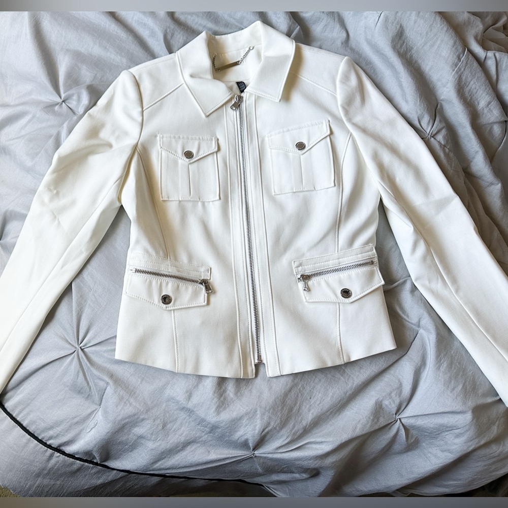New White House Black Market Utility Moto Jacket in Ecru Cream